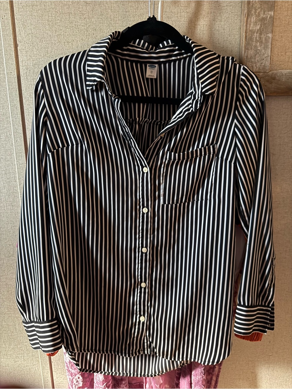 Old Navy Black and White Vertical Stripe Button-Up Blouse